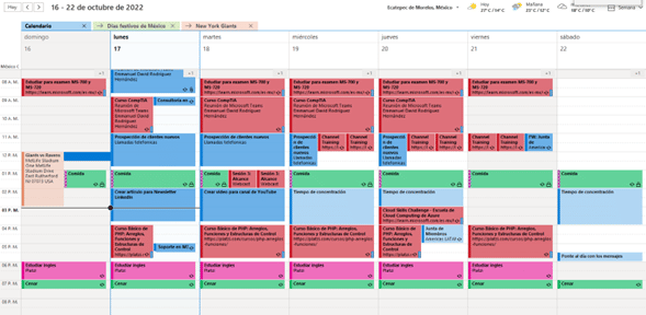 Calendario de Outlook para la gestión de actividades.