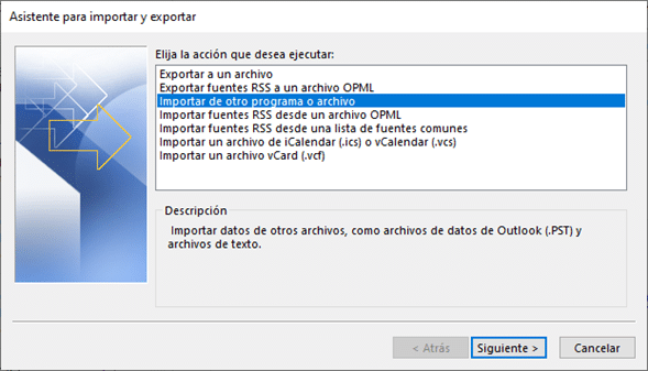 Asistente para importar y exportar archivos