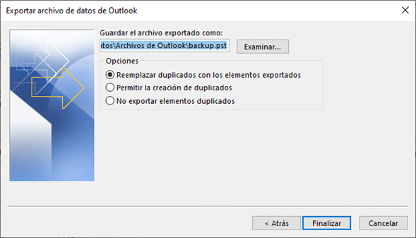 Elegir carpeta para exportar archivo de datos de Outlook