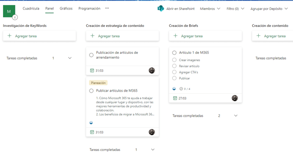 Planner de Microsoft 365 para el seguimiento de proyectos.